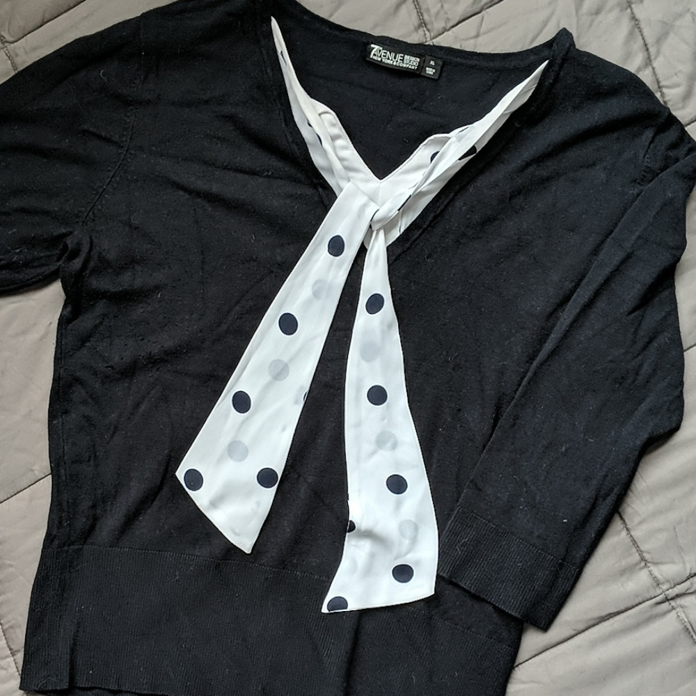 Black sweater with built in tie blouse neck